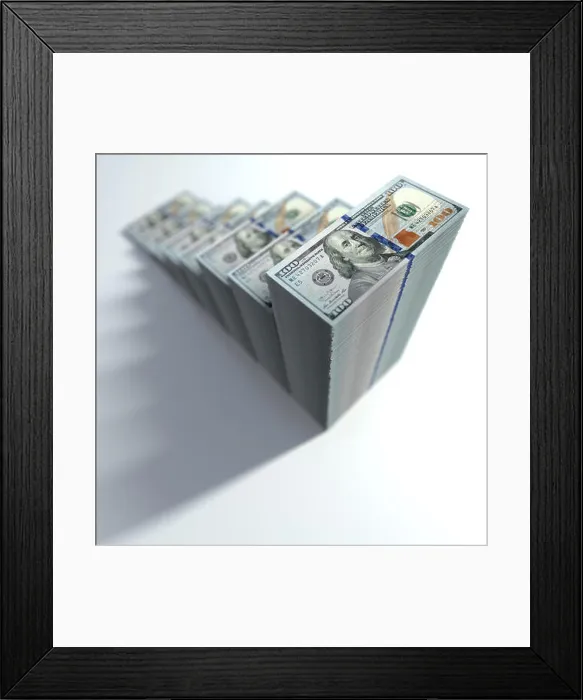 Framed Print : 3D illustration. Dollar bills stacked in shape of growing bar chart. Concept of success in business Framed Print : 3D illustration. Dollar bills stacked in shape of growing bar chart. Concept of success in business