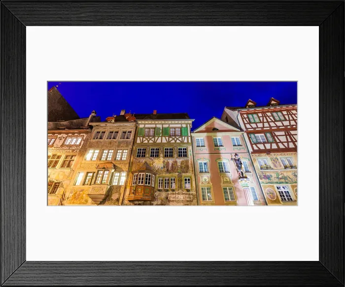 Framed Print : Switzerland, Stein am Rhein, Old town, historical houses at townhall square, fresco paintings, blue hour Framed Print : Switzerland, Stein am Rhein, Old town, historical houses at townhall square, fresco paintings, blue hour