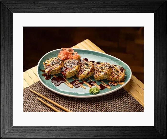 Framed Print : Hot fried sushi roll lying on plate with wasabi and ginger Framed Print : Hot fried sushi roll lying on plate with wasabi and ginger