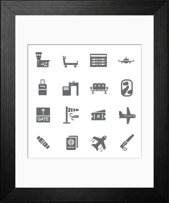 Framed Print : Vector black airport icons set on white background Framed Print : Vector black airport icons set on white background