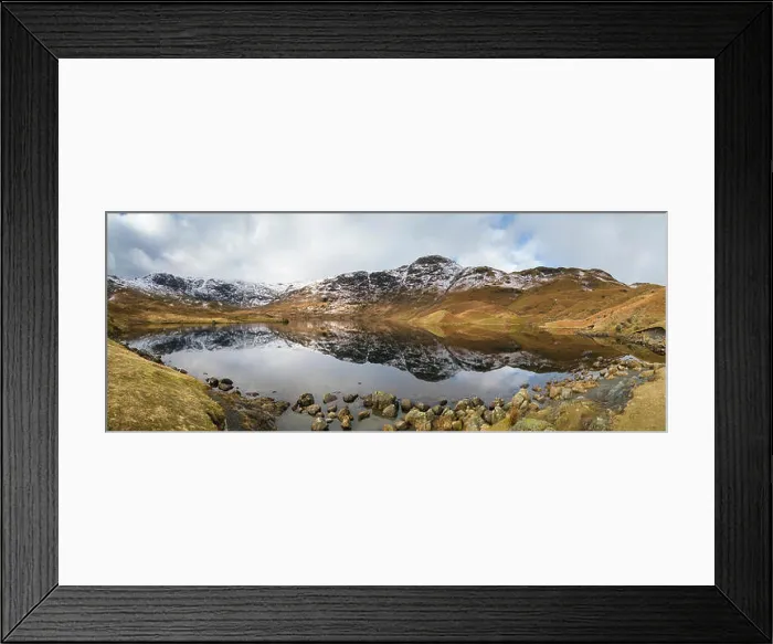 Framed Print : Panoramic view of Easedale Tarn in Winter with snowy mountain fells beyond, Lake District, Cumbria, England, UK Framed Print : Panoramic view of Easedale Tarn in Winter with snowy mountain fells beyond, Lake District, Cumbria, England, UK