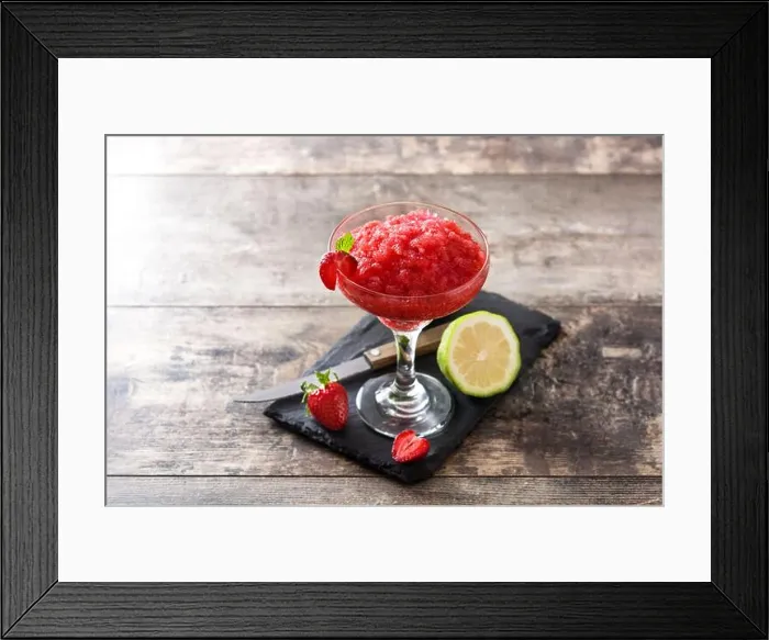 Framed Print : Strawberry margarita cocktail in glass on wooden table Framed Print : Strawberry margarita cocktail in glass on wooden table