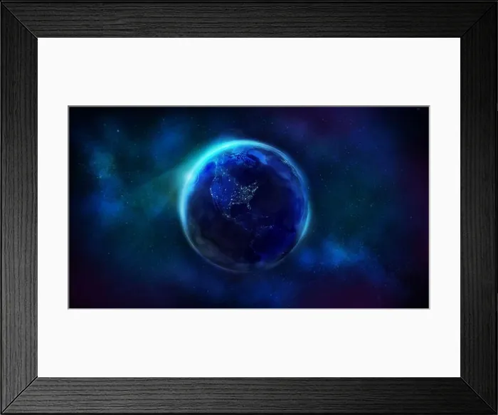 Framed Print : Realistic Earth from space showing North and South America. The night half of the Globe Framed Print : Realistic Earth from space showing North and South America. The night half of the Globe