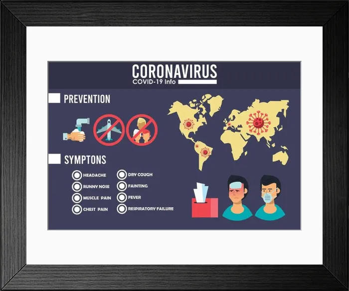 Framed Print : corona virus infographic with symptoms and prevention methods Framed Print : corona virus infographic with symptoms and prevention methods