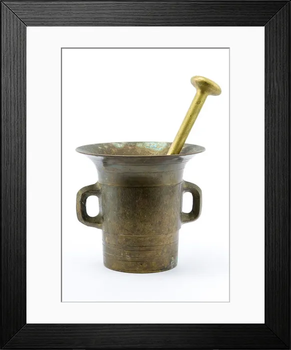 Framed Print : Bronze mortar on isolated white background Framed Print : Bronze mortar on isolated white background