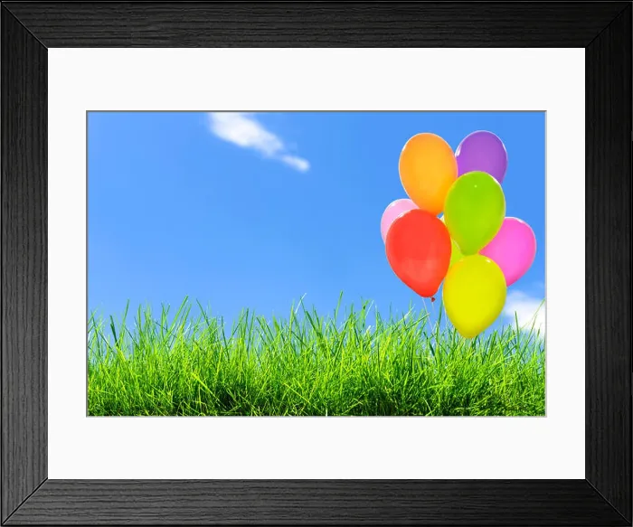 Framed Print : Outdoor party decoration concept - mix of colorful balloons on a green grass field Framed Print : Outdoor party decoration concept - mix of colorful balloons on a green grass field