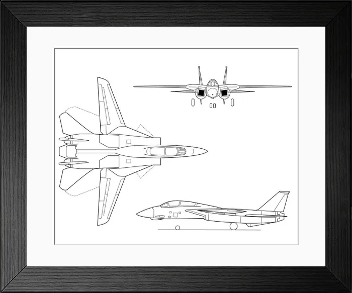 Framed Print : A three-view line art drawing of the Grumman F-14 Tomcat Framed Print : A three-view line art drawing of the Grumman F-14 Tomcat