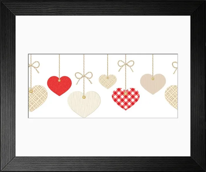 Framed Print : Vector Valentines horizontal seamless background with hanging textured paper, fabric and wooden hearts on white Framed Print : Vector Valentines horizontal seamless background with hanging textured paper, fabric and wooden hearts on white