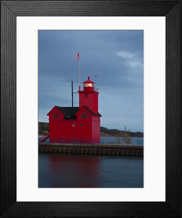 Framed Print : Big Red lighthouse on a Lake Michigan MI Holland harbor Ottawa county Great Lakes low angle a flag on flagpole vertical Framed Print : Big Red lighthouse on a Lake Michigan MI Holland harbor Ottawa county Great Lakes low angle a flag on flagpole vertical