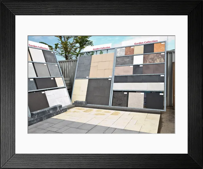 Framed Print : Examples of modern garden tiles for show in garden centre