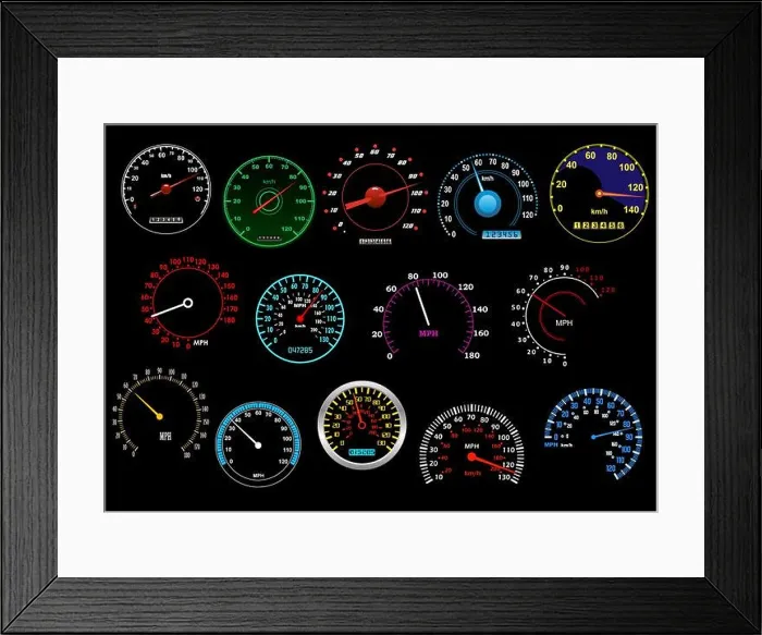 Framed Print : Various glowing speedometers set on black background for racing, transportation or speed concept design Framed Print : Various glowing speedometers set on black background for racing, transportation or speed concept design