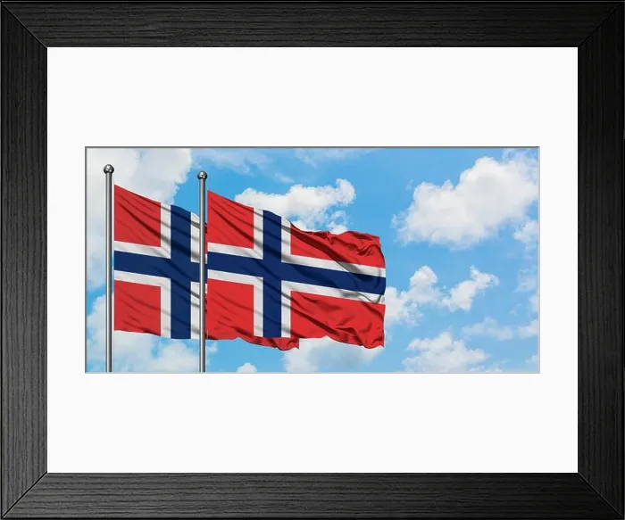 Framed Print : Norway and Bouvet Islands flag waving in the wind against white cloudy blue sky together Framed Print : Norway and Bouvet Islands flag waving in the wind against white cloudy blue sky together