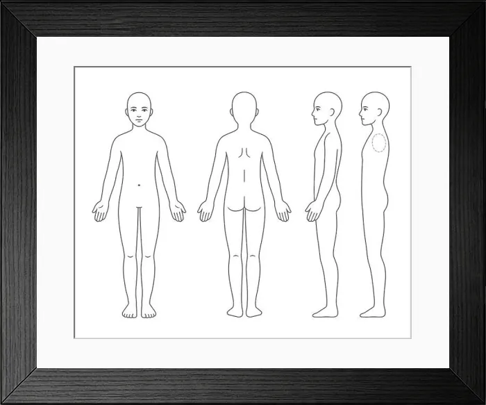 Framed Print : Unisex body anatomy chart, naked young person of undefined gender Framed Print : Unisex body anatomy chart, naked young person of undefined gender