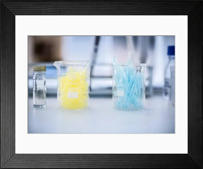 Framed Print : Glass beakers filled with test tubes, still life, close-up Framed Print : Glass beakers filled with test tubes, still life, close-up