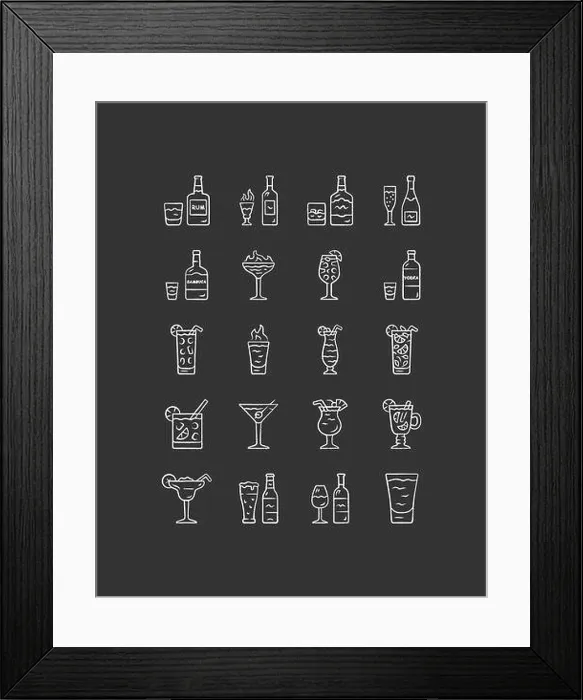 Framed Print : Drinks chalk icons set. Alcohol menu card Framed Print : Drinks chalk icons set. Alcohol menu card