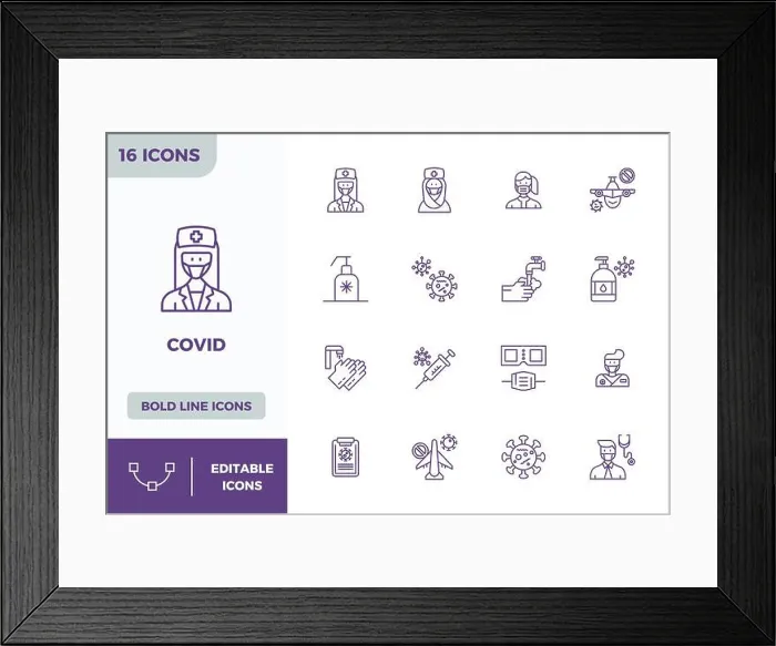 Framed Print : Collection of 16 Bold Line PIXEL perfect vector icons for Covid, designed in 128x128 format for clarity and versatility Framed Print : Collection of 16 Bold Line PIXEL perfect vector icons for Covid, designed in 128x128 format for clarity and versatility