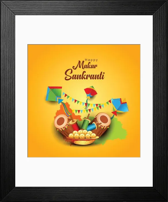 Framed Print : Indian festival Happy Makar Sankranti poster design with group of colorful kites flying cloudy sky Framed Print : Indian festival Happy Makar Sankranti poster design with group of colorful kites flying cloudy sky