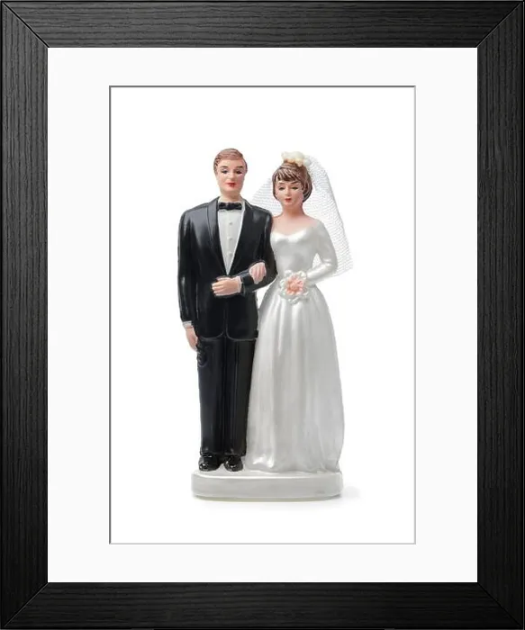 Framed Print : Bride and groom, vintage cake topper isolated on white background Framed Print : Bride and groom, vintage cake topper isolated on white background