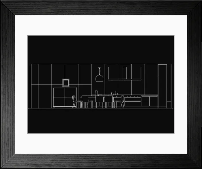 Framed Print : Black and white drawing of a sleek modern kitchen with a table Framed Print : Black and white drawing of a sleek modern kitchen with a table