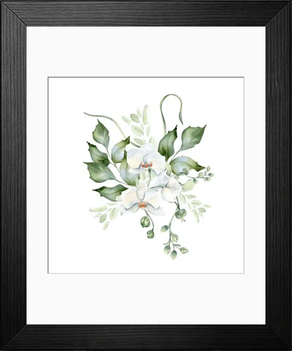 Framed Print : Greenery bouquet of holly branches and orchid bloom delicate watercolor illustration isolated Framed Print : Greenery bouquet of holly branches and orchid bloom delicate watercolor illustration isolated
