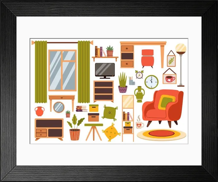 Framed Print : Set of living room furniture in a flat style Framed Print : Set of living room furniture in a flat style