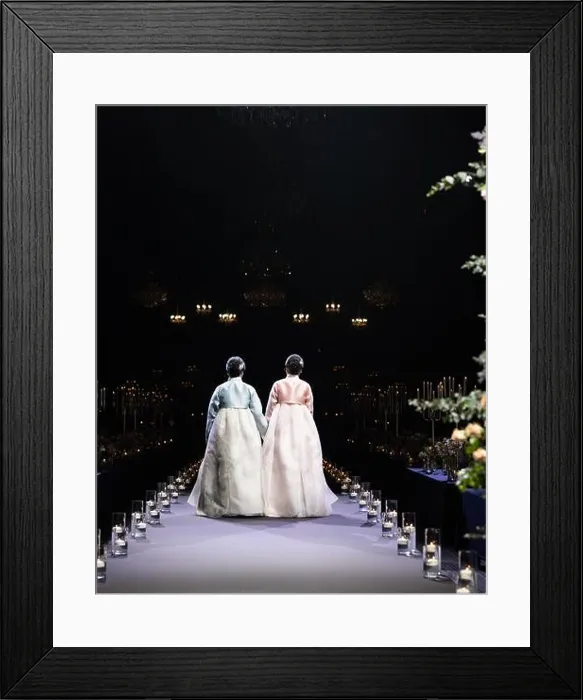 Framed Print : Bride and the groom's mother are wearing hanbok and walking at the end of the aisle Framed Print : Bride and the groom's mother are wearing hanbok and walking at the end of the aisle