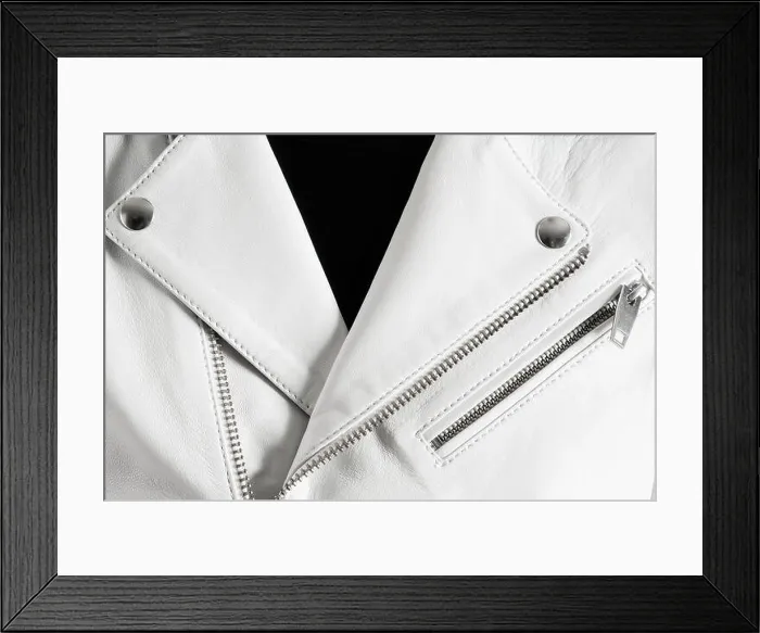 Framed Print : White leather jacket with metallic zippers and stitched pocket. Detailed closeup texture Framed Print : White leather jacket with metallic zippers and stitched pocket. Detailed closeup texture