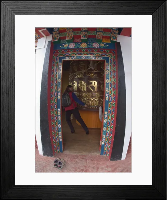 Framed Print : Wende Valentine spins a massive prayer wheel at the Tibetan Buddhist monastery of Pemayangtse near the village of