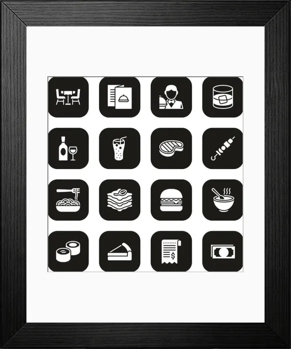Framed Print : Lunch Icons White On Black Set Framed Print : Lunch Icons White On Black Set