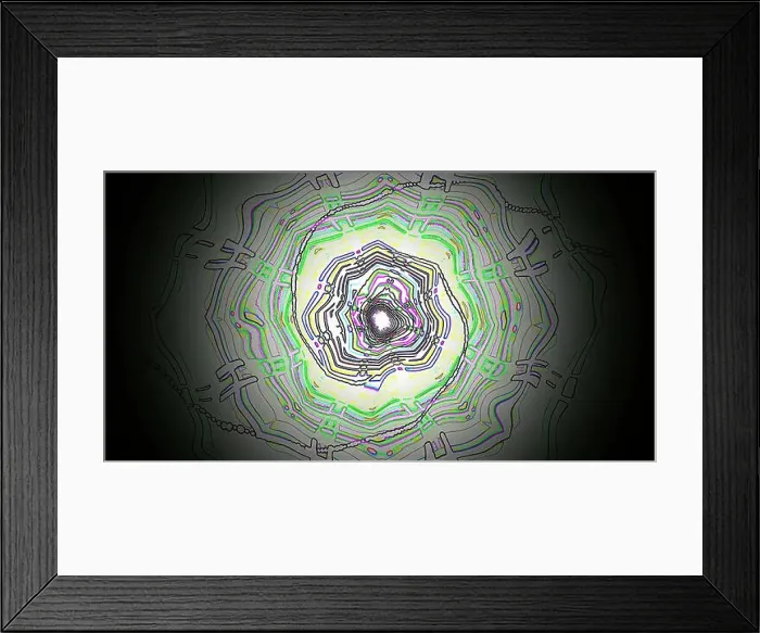 Framed Print : A vibrant spiral design showcases an intricate mix of lines in green, purple, and white Framed Print : A vibrant spiral design showcases an intricate mix of lines in green, purple, and white