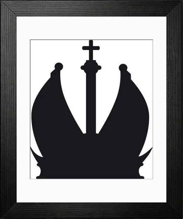 Framed Print : A black and white image of a crown with a cross on top. The crown is very tall and has a very pointed top Framed Print : A black and white image of a crown with a cross on top. The crown is very tall and has a very pointed top