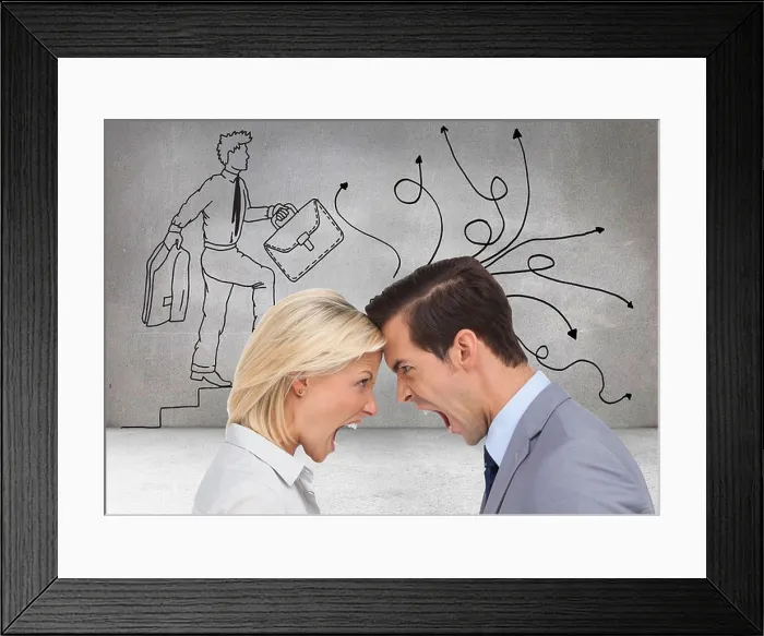 Framed Print : Composite image of colleagues quarreling head against head Framed Print : Composite image of colleagues quarreling head against head