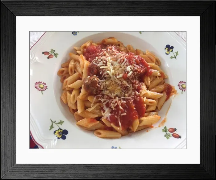 Framed Print : Mini Penne Pasta with tomato sauce and meatballs Framed Print : Mini Penne Pasta with tomato sauce and meatballs
