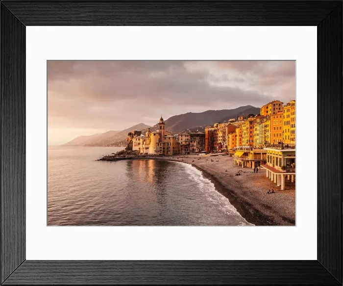Framed Print : Elevated view of beach and hotels, Camogli, Liguria, Italy Framed Print : Elevated view of beach and hotels, Camogli, Liguria, Italy