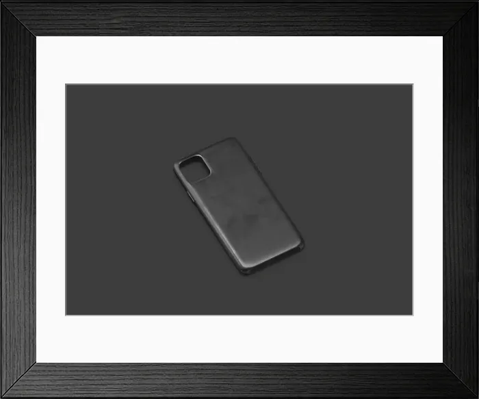 Framed Print : Blank black phone case mockup, isolated on dark background Framed Print : Blank black phone case mockup, isolated on dark background