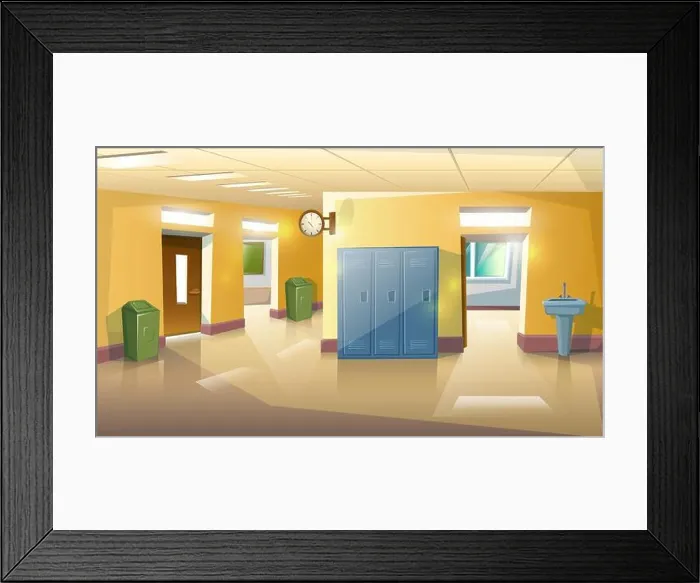 Framed Print : Vector cartoon style school hall with doors and classes, rubbish and sink Framed Print : Vector cartoon style school hall with doors and classes, rubbish and sink