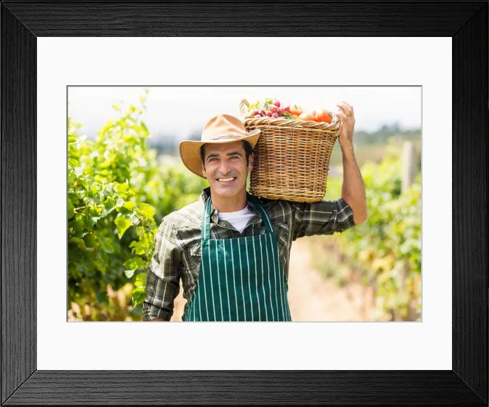 Framed Print : Portrait of happy farmer carrying a basket of vegetables
