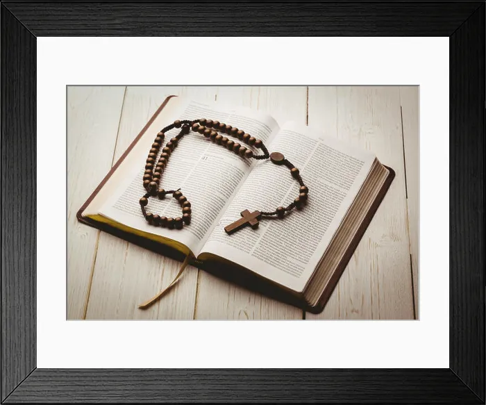 Framed Print : Open bible and wooden rosary beads Framed Print : Open bible and wooden rosary beads