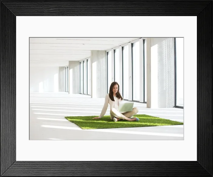 Framed Print : Young businesswoman with laptop sitting on turf in empty office Framed Print : Young businesswoman with laptop sitting on turf in empty office