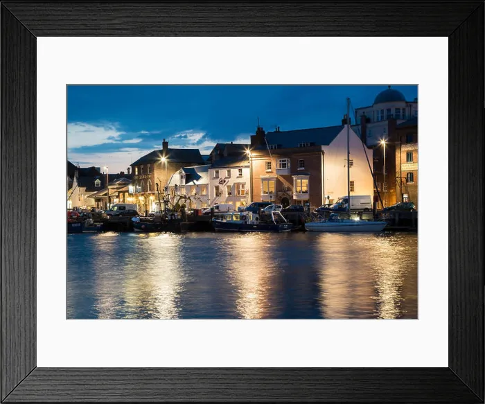 Framed Print : weymouth old harbour dusk into night on the river wey boats and harbour side colourful houses and pubs Framed Print : weymouth old harbour dusk into night on the river wey boats and harbour side colourful houses and pubs