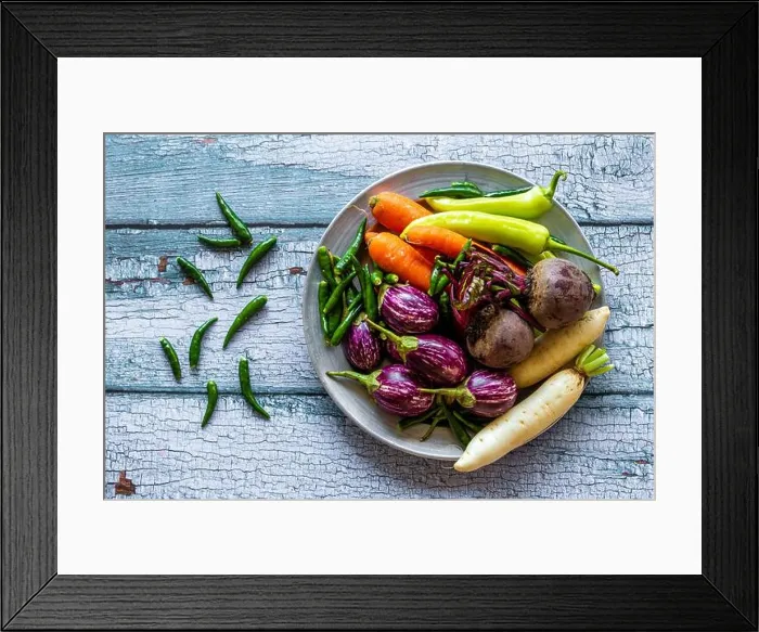 Framed Print : Top view of multi-colored vegetables (carrot, chili pepper, brinjal, radish, beetroot) in a bowl plate Framed Print : Top view of multi-colored vegetables (carrot, chili pepper, brinjal, radish, beetroot) in a bowl plate