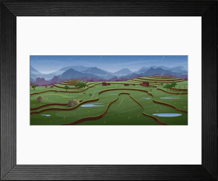 Framed Print : People work on rice fields in rain Framed Print : People work on rice fields in rain