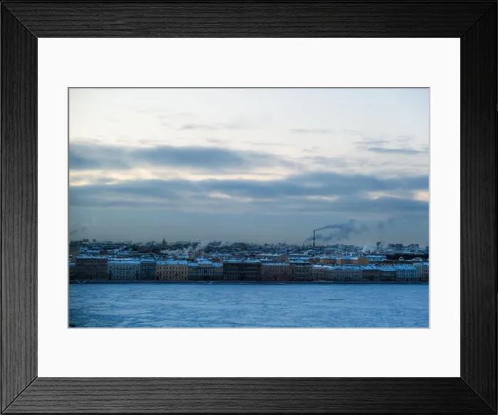 Framed Print : St. Petersburg, Russia - December, 2021: View of frozen Neva River and city center in early morning Framed Print : St. Petersburg, Russia - December, 2021: View of frozen Neva River and city center in early morning