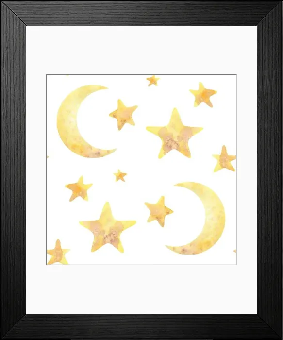 Framed Print : The moon and stars are yellow on a white background Framed Print : The moon and stars are yellow on a white background