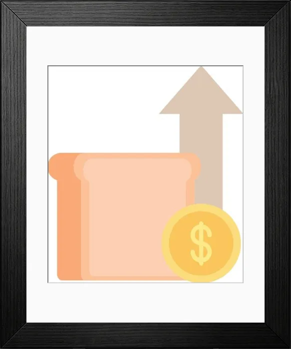 Framed Print : slice bread bakery money coin up arrow, rising food prices, flat style icon vector illustration Framed Print : slice bread bakery money coin up arrow, rising food prices, flat style icon vector illustration