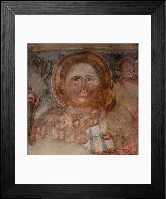 Framed Print : Saint Christopher with Christ Child on his left shoulder stares from west front of the mid-1300s Chiesa or Chiesetta di Framed Print : Saint Christopher with Christ Child on his left shoulder stares from west front of the mid-1300s Chiesa or Chiesetta di