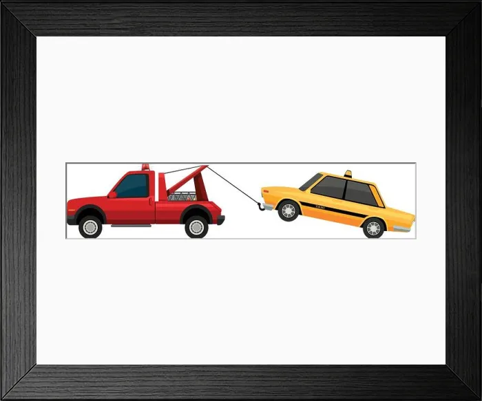 Framed Print : Tow truck pulling yellow taxi illustration Framed Print : Tow truck pulling yellow taxi illustration