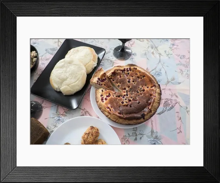 Framed Print : Freshly baked cake and bread, still life, elevated view Framed Print : Freshly baked cake and bread, still life, elevated view