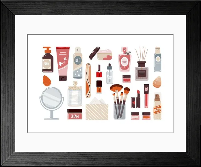 Framed Print : Makeup cosmetics in flat style top view on white background.Vector illustration Framed Print : Makeup cosmetics in flat style top view on white background.Vector illustration