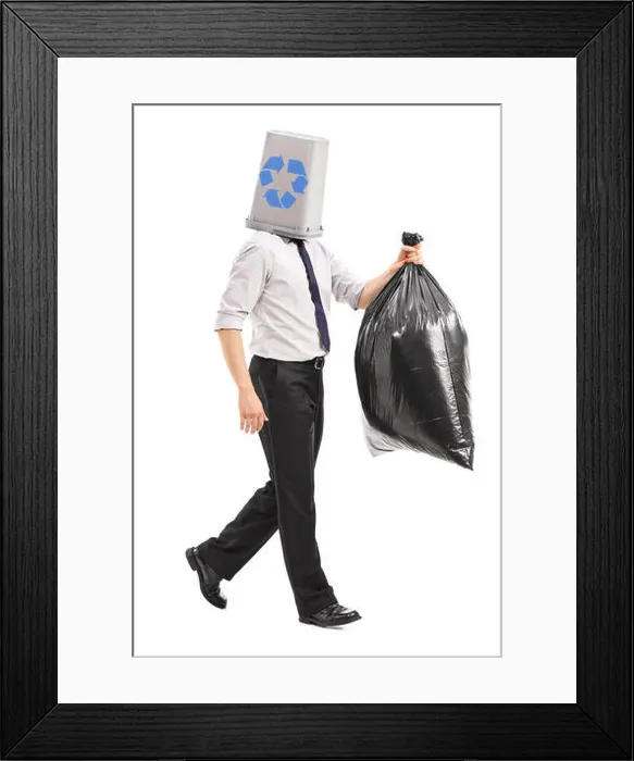 Framed Print : Full length portrait of a man with a recycle bin over his head carrying a garbage bag Framed Print : Full length portrait of a man with a recycle bin over his head carrying a garbage bag